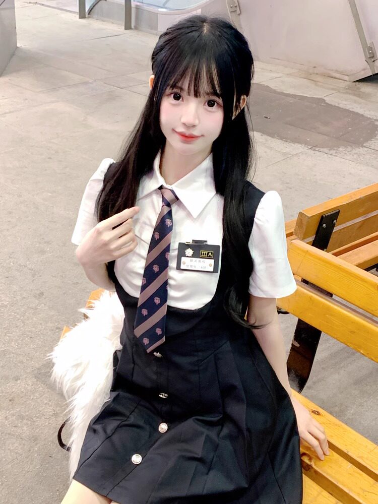 学院风JK制服春季收腰显瘦法式黑裙辣妹假两件套装美式背带连衣裙