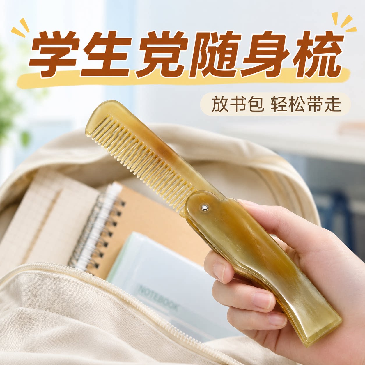 真牛角梳折叠梳学生旅游便携式儿童小梳子按摩梳子口袋补妆化妆梳