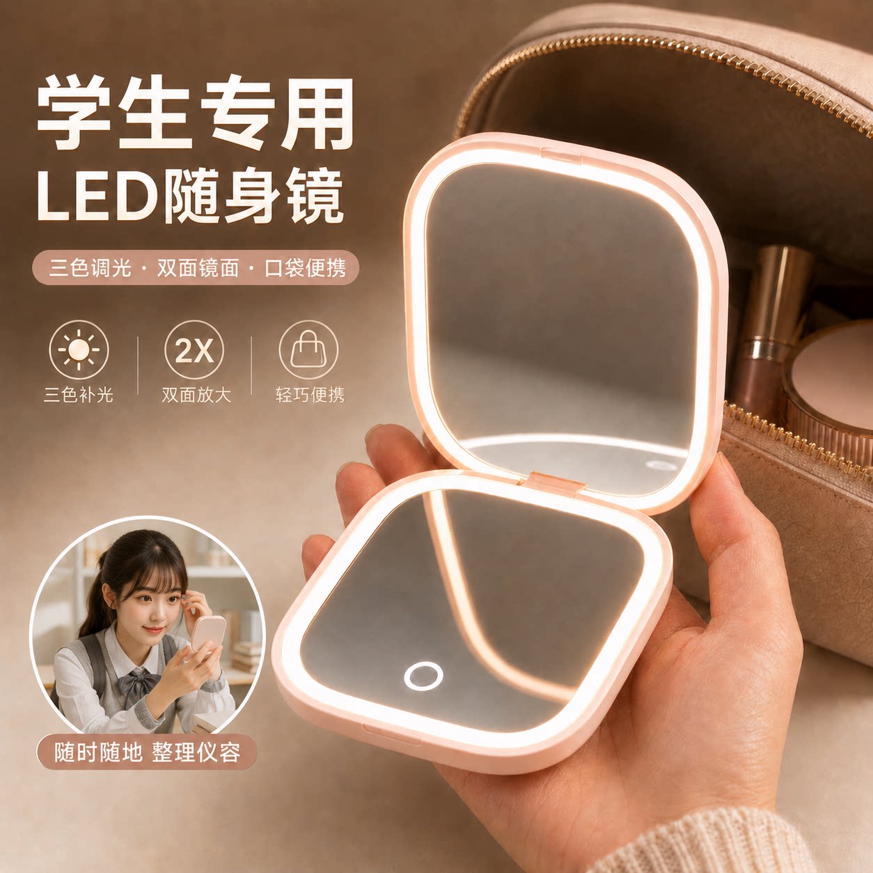 镜子宿舍学生专用化妆镜便携小镜子放大镜手持化妆镜led带灯旅行
