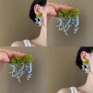 满园春色手工蓝色串珠花朵耳环个性 夸张耳饰女春夏海边度假风耳钉