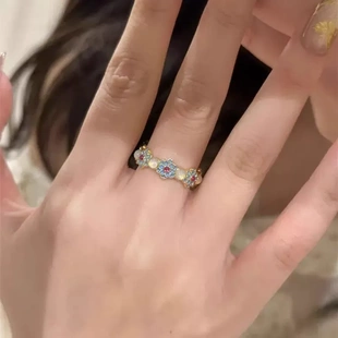 烟雨新中式 青花瓷珐琅白玉髓戒指精致巴恩风烧蓝彩宝戒指直销