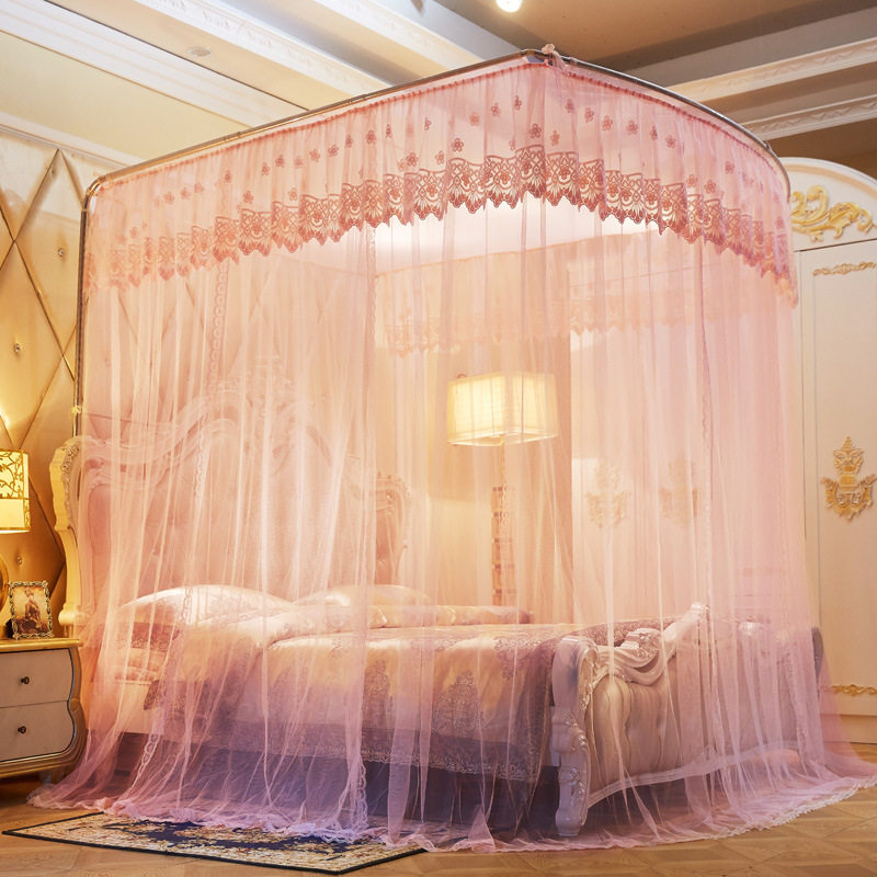 伸缩蚊帐U型三开门落地支架双人1.5m家用1.8m2.0米床2.2加密加厚