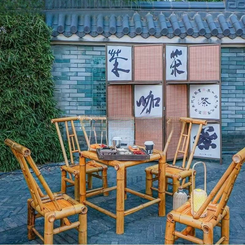 复古庭院竹桌椅组合竹椅子老式竹桌子户外方桌茶桌茶几竹制品家具