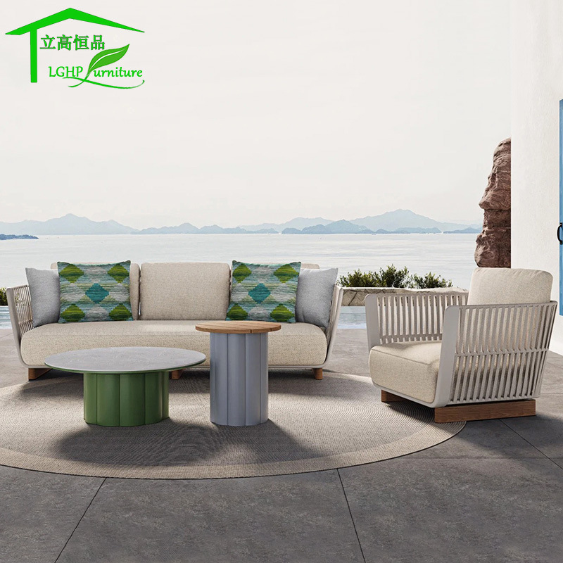 北欧户外沙发柚木庭院绳编茶几组合阳台露天别墅花园藤椅防水家具