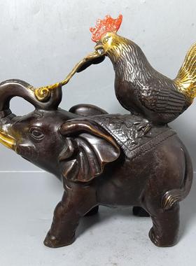 铜大象彷古做旧纯铜鎏金鸡象如意摆件家居客厅办公室桌面大象摆设