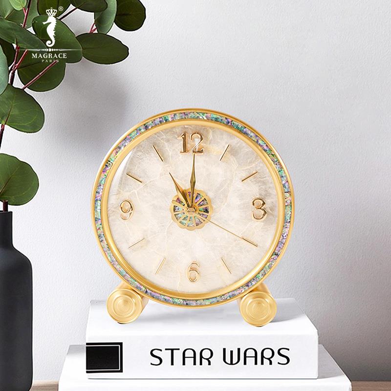 法国MAGRACE欧式轻奢简约黄铜彩贝座钟家居卧室客厅桌面装饰钟