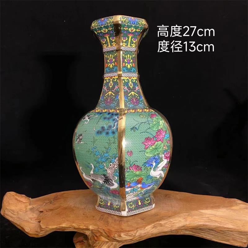 清乾隆珐琅彩花鸟六方花瓶仿古瓷器居家中式陶瓷摆件古董古玩收藏