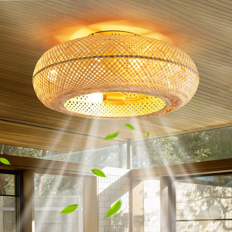 中式风扇吸顶灯诧寂风竹编卧室书房饭厅日式覆古风遥控变频吸顶灯