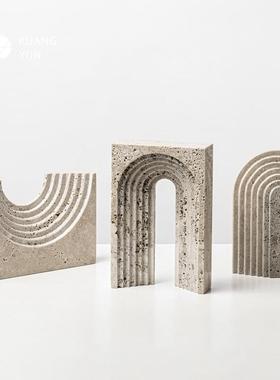 创意拱门几何黄洞石摆件现代新中式家居客厅样板房桌面书挡软装