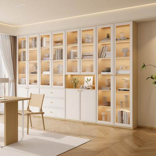 法式原木风书柜一体整墙到顶去客厅书架书橱书房储物柜展示柜定制