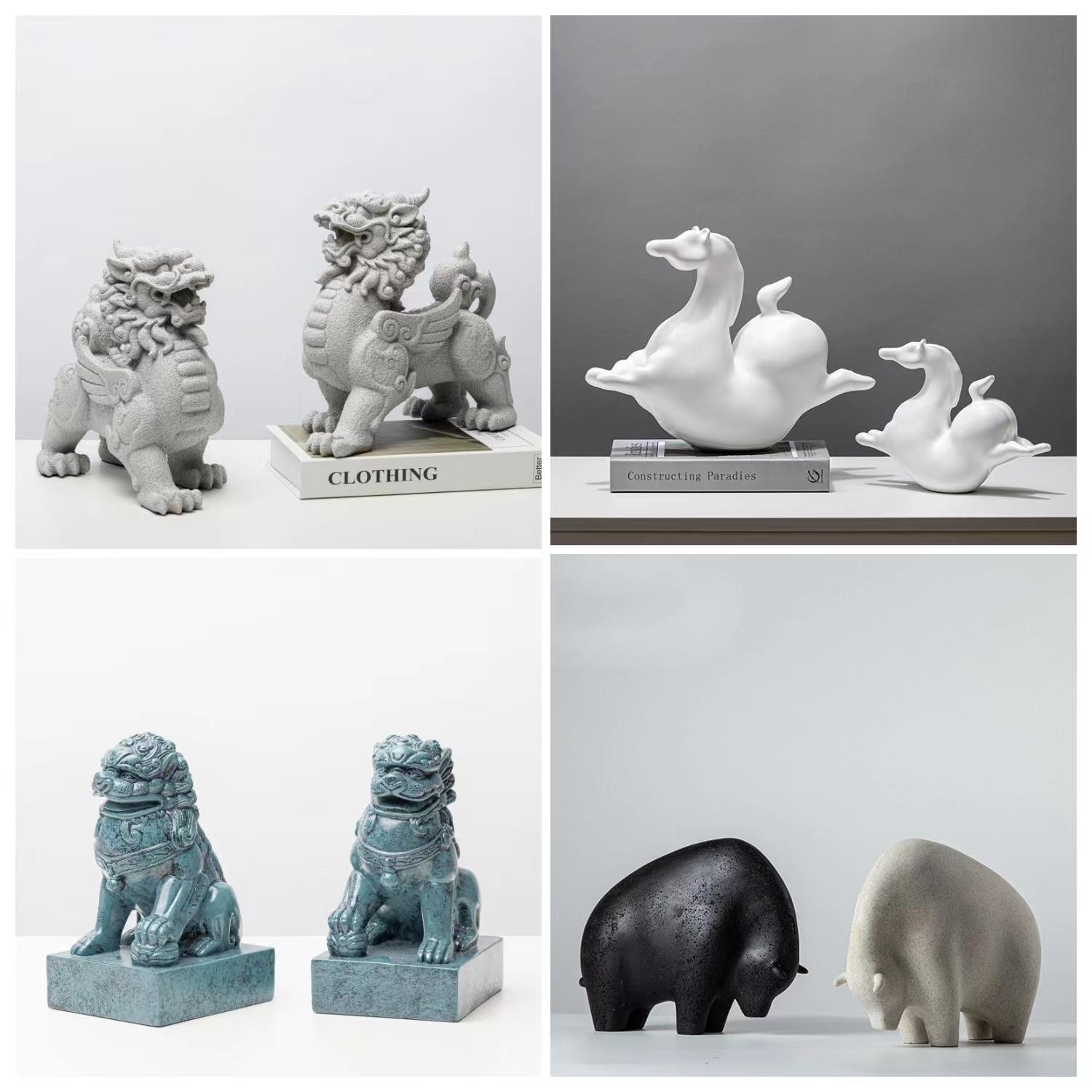 中式客厅电视柜书房玄关样板房酒店树脂砂岩麒麟狮子奔马装饰摆件