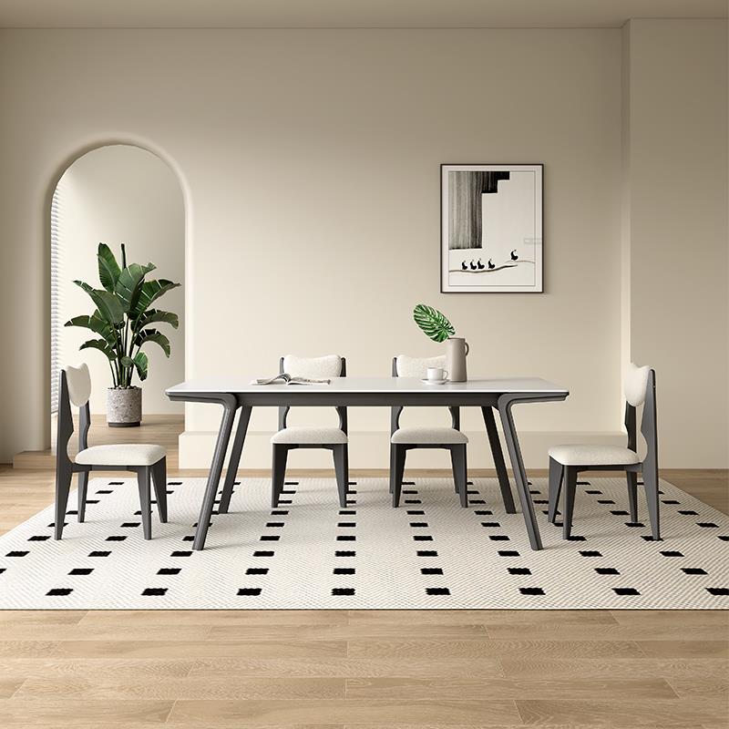 岩板实木餐桌法式中古风长方形家用轻奢现代简约进口白色岩板餐桌