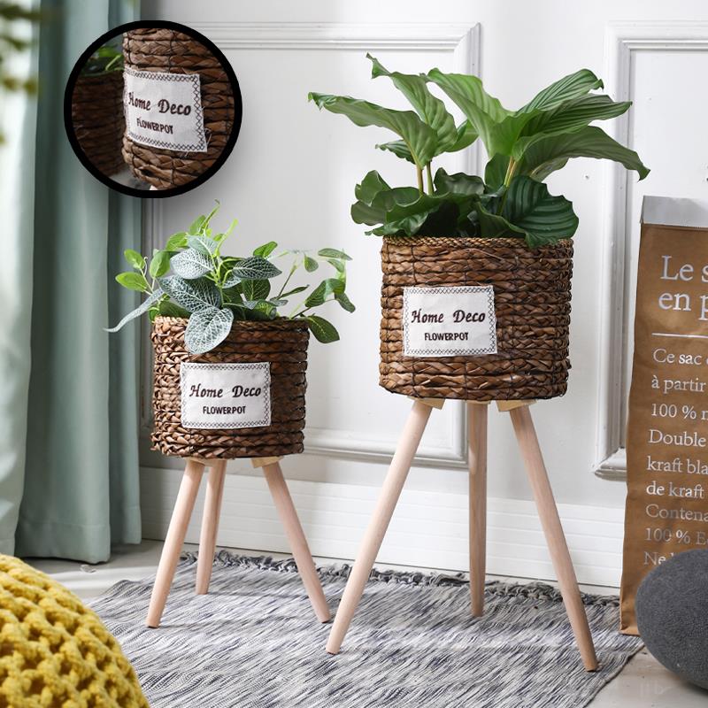 实木编织花篮植物实木手工草编客厅落地藤编花盆小阳台装饰花架子