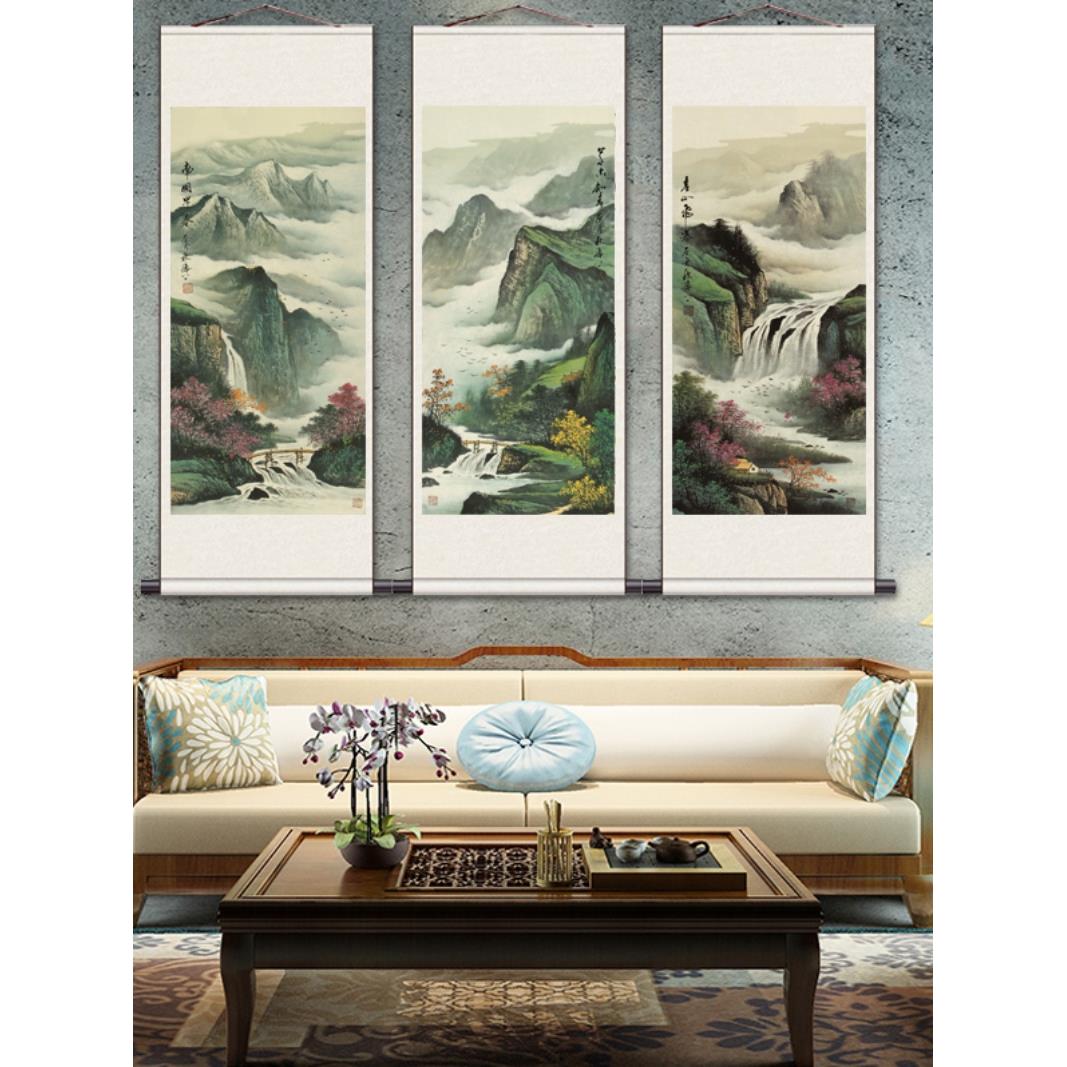 石州山水画、中国画、办公室书画、飞瀑、挂画、卷轴壁画、绢画、