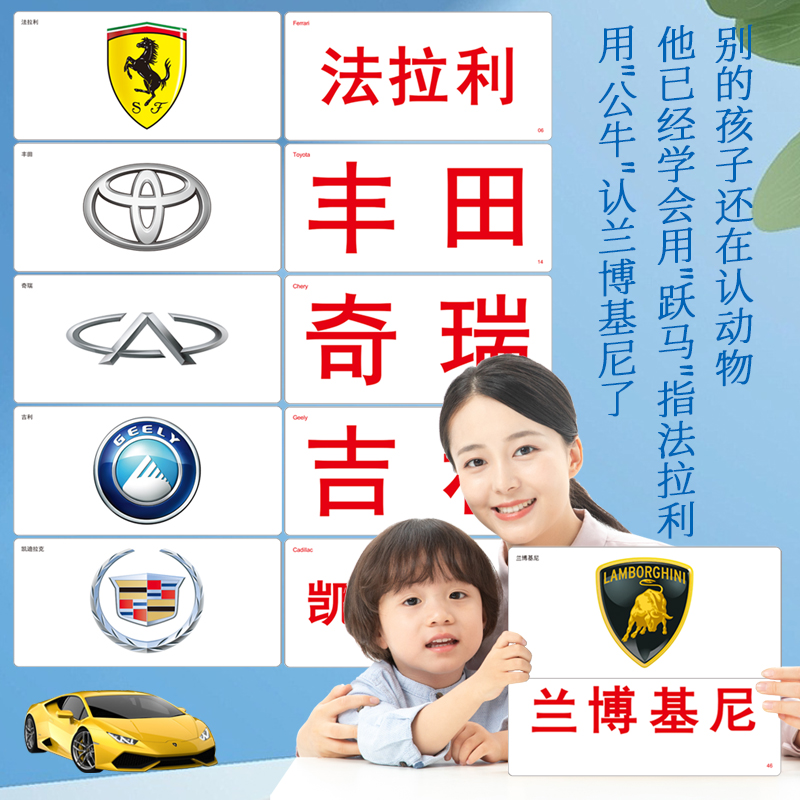 杜曼闪卡百科汽车标识卡汽车图标认知知识卡片记忆力训练闪卡48张