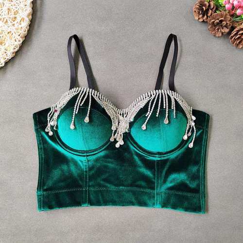 欧美流苏水钻吊带背心舞台风外穿文胸式小背心短款露背金丝绒抹胸