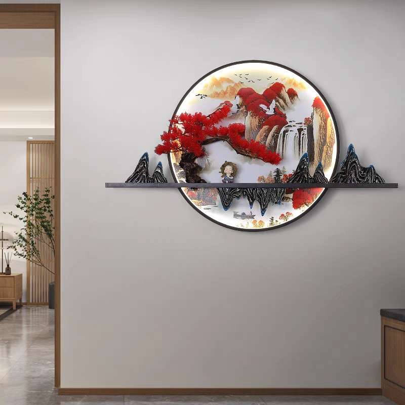 新中式壁画灯创意个性茶室圆形楼梯装饰挂画带灯玄关入户禅意灯具图片