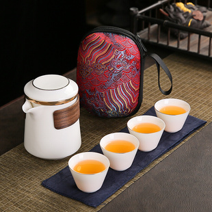 陶瓷快客杯 旅行茶具一壶四杯便携式 包简约防烫羊脂玉白瓷功夫套装