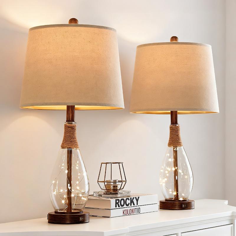 跨境现代简约邑色玻璃台灯北欧简欧美式样板房酒店布艺灯罩装饰灯