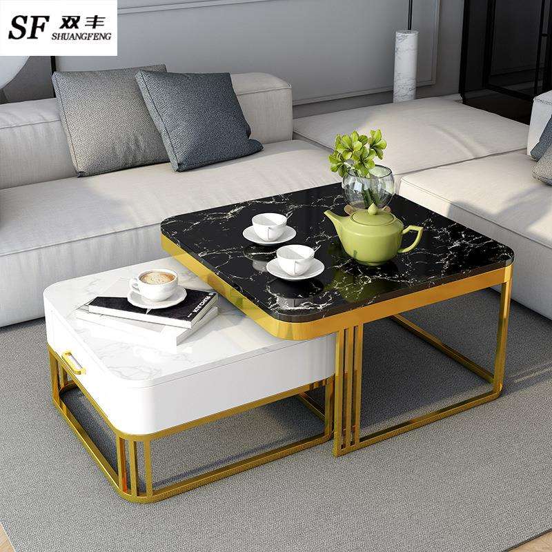 现代简约茶几 创意正方形带抽屉子母桌大理石小户型公寓客厅方几