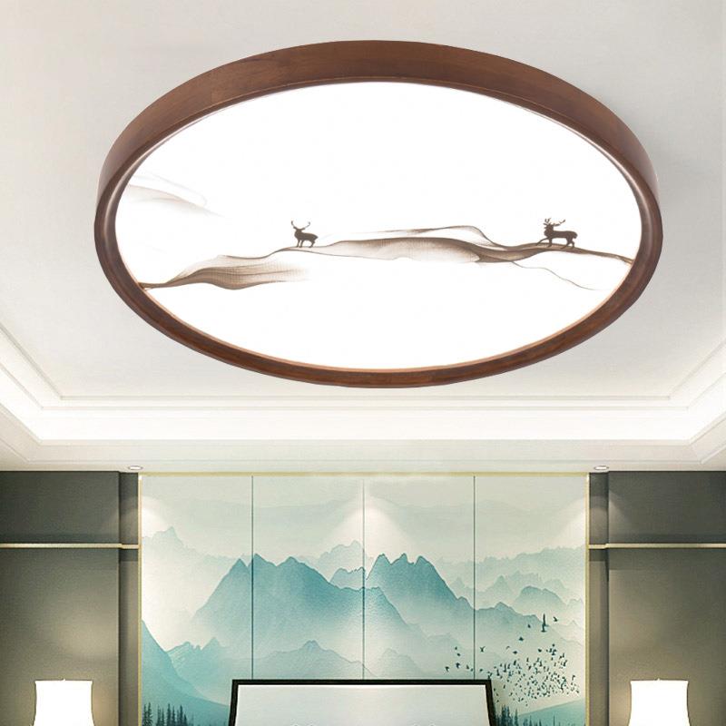 实木新中式吸顶灯卧室灯圆形led风灯具阳台胡桃木色超薄灯饰