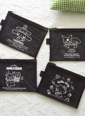 Fs新玉桂狗美乐蒂鱼怪印花酷炫黑色PVC网纱拉链化妆袋耳机钥匙包