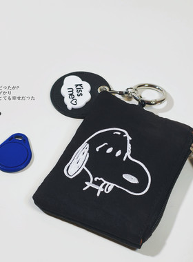 FS新日系卡通刺绣黑色拉链零钱耳机钥匙多功能公交卡包布艺