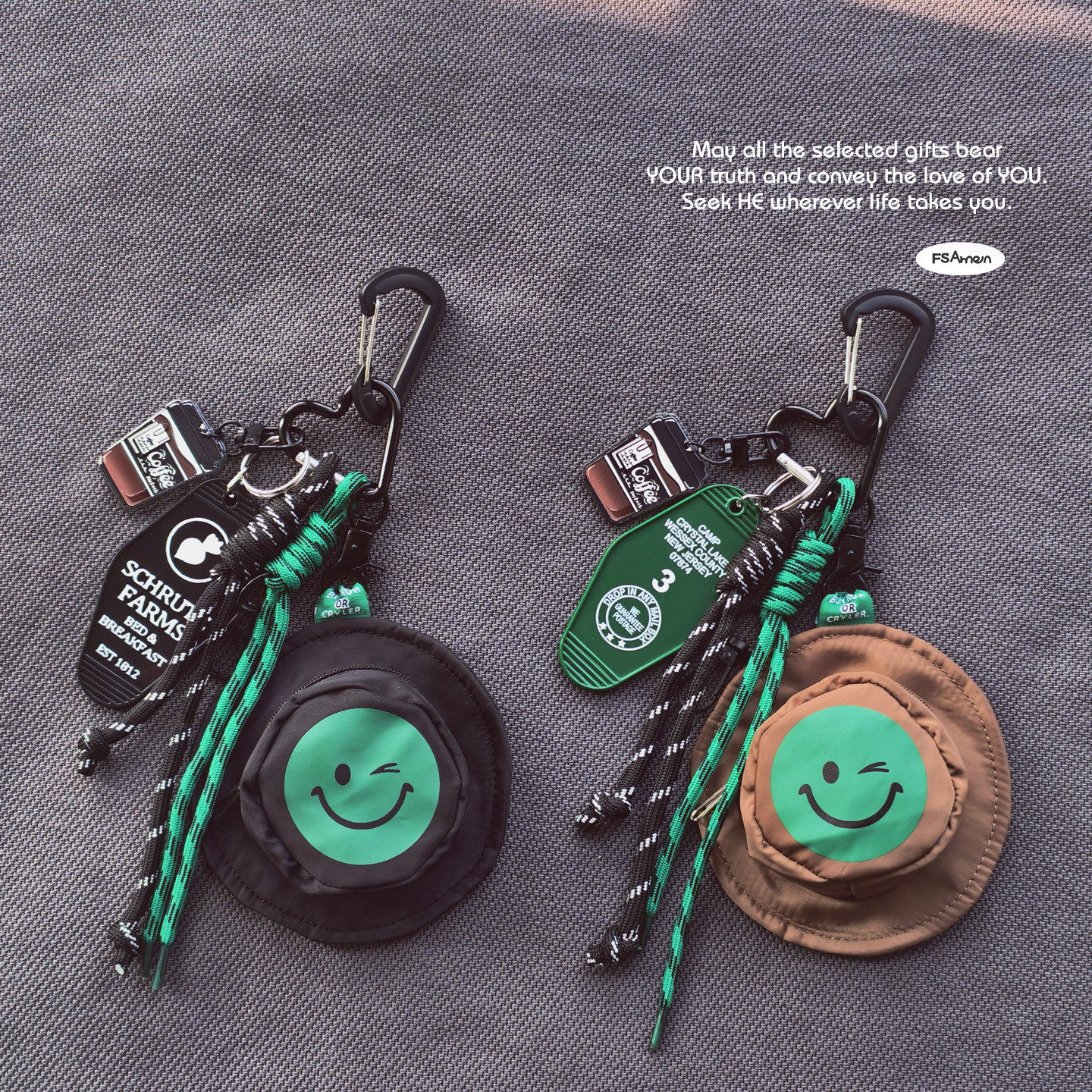 FS新复古笑脸渔夫帽零钱包菱形挂牌咖啡亚克力挂件蓝牙耳机收纳包