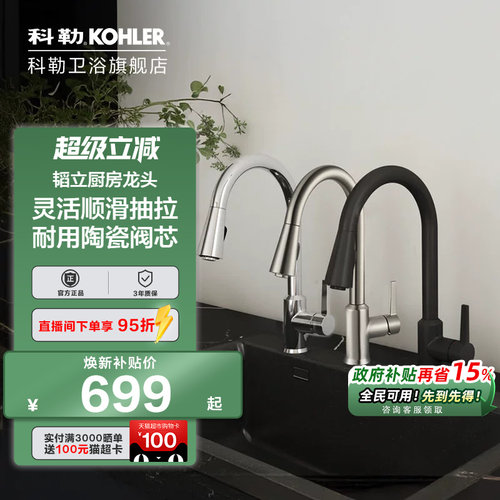 科勒厨房龙头水槽厨盆水龙头抽拉式菜盆黑色洗碗池厨盆冷热21366T