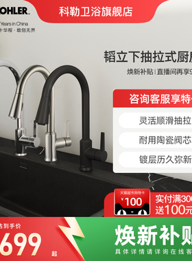 科勒厨房龙头水槽厨盆水龙头抽拉式菜盆黑色洗碗池厨盆冷热21366T
