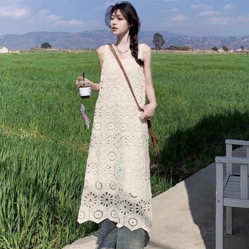 现货速发镂空吊带长裙夏法式高端精致大码装赫本风气质百搭外搭连