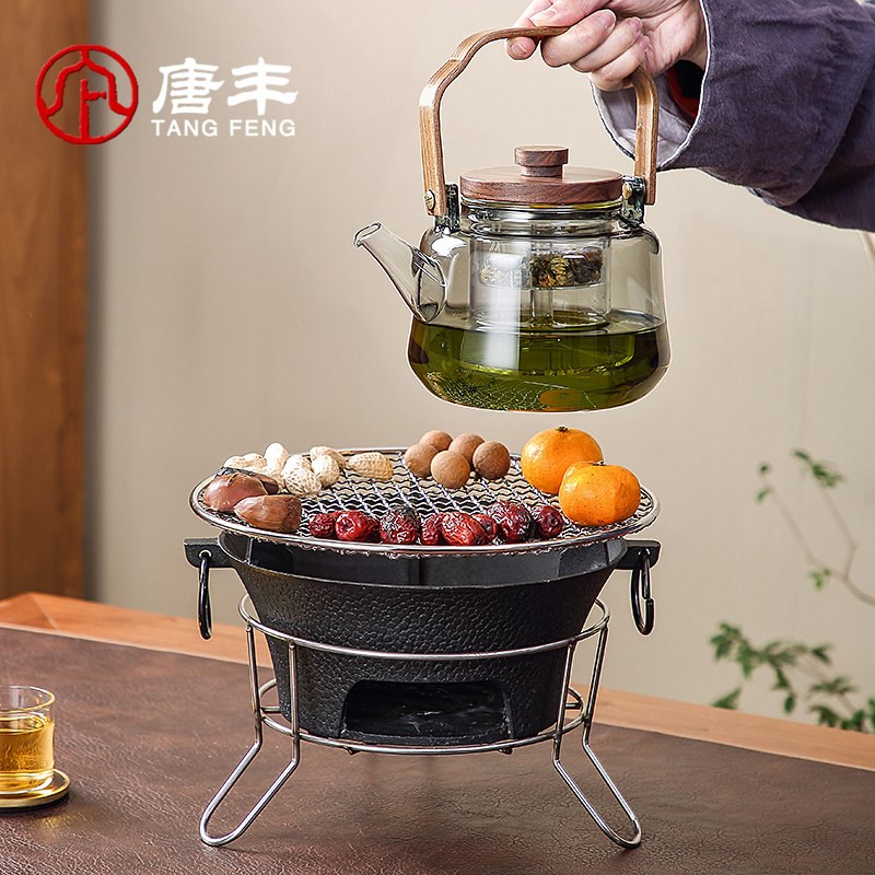 速发铸铁老式围炉煮茶茶具一套天室外庭院烤茶炉玻璃罐罐茶壶烤橘