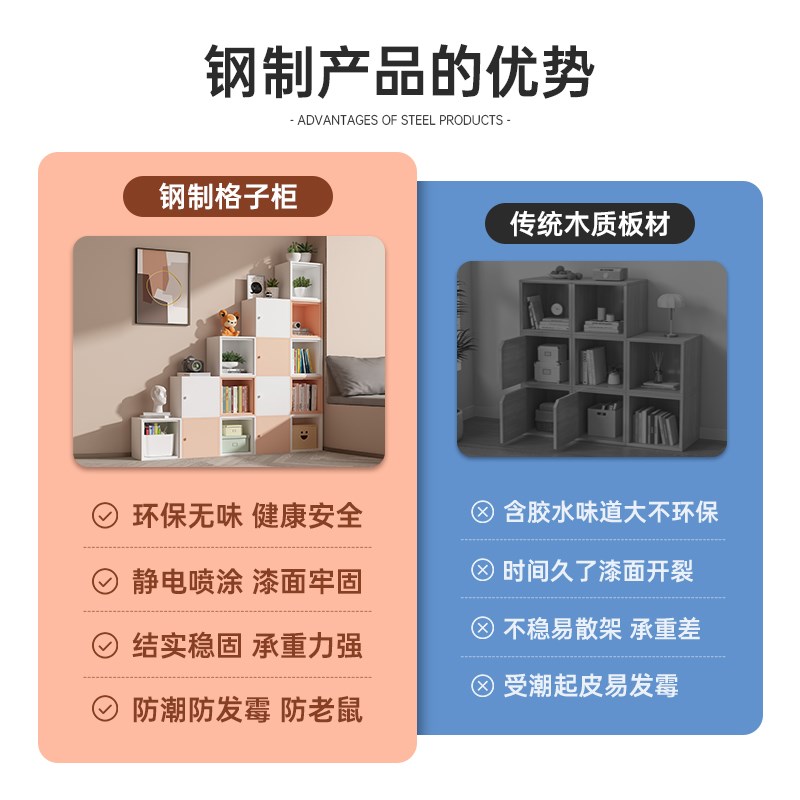 速发自由组合格子柜简约书柜学生落地小书架铁艺钢制收纳储物柜带