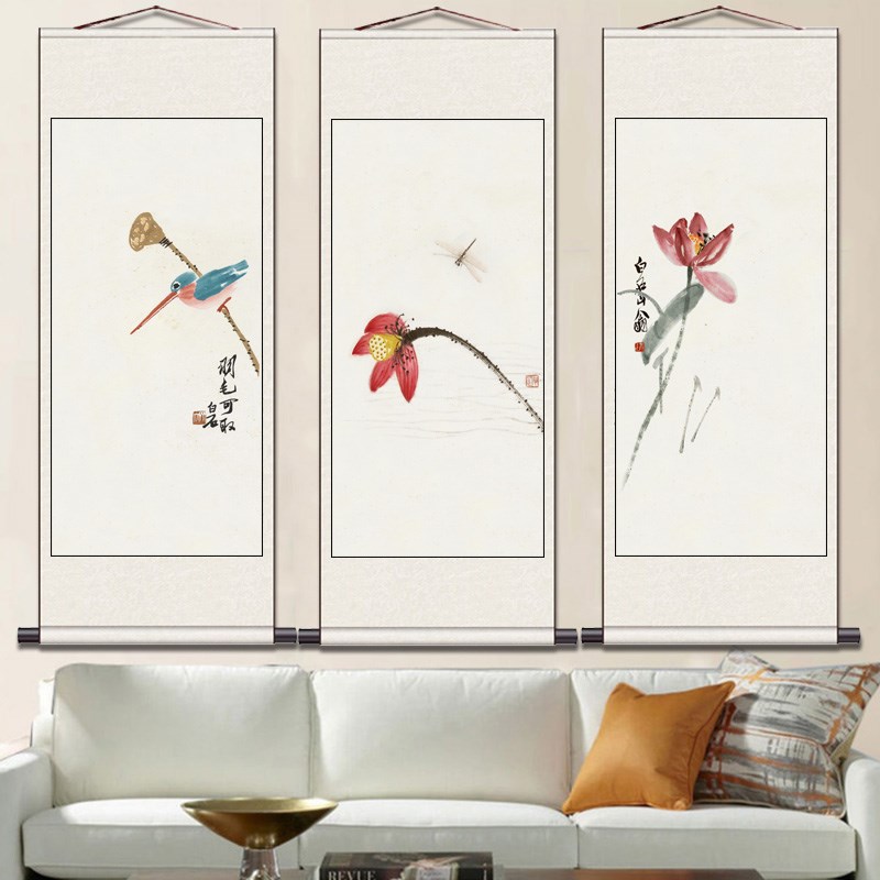 速发齐白国禅室荷花卷轴挂画客厅装饰画中石风竖版水墨画字画茶意