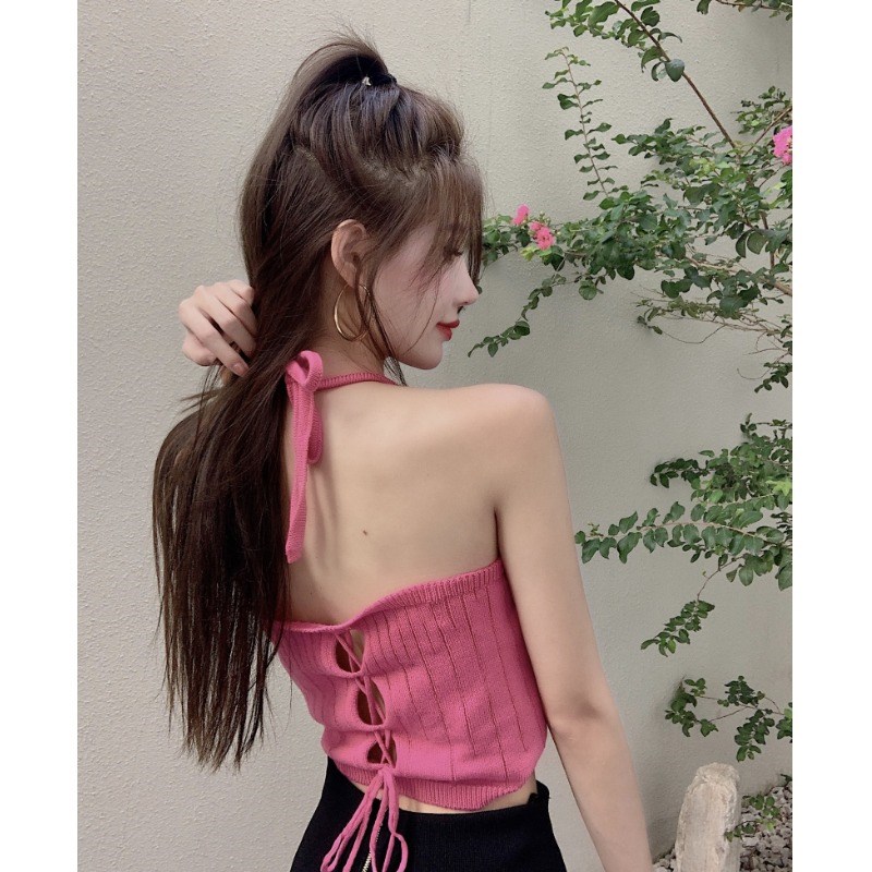 速发玫红色露背交叉针织吊带背心夏纯欲甜辣妹性感挂脖短款抹胸上