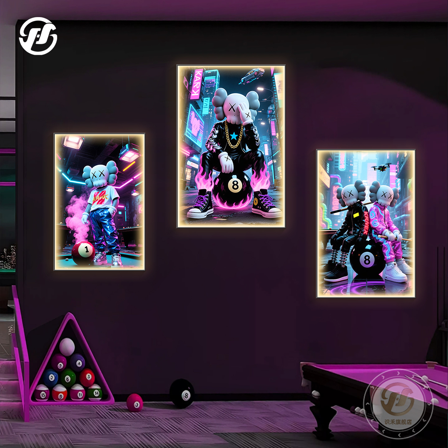 网红台球俱乐部装饰画创意潮流赛博朋克kaws挂画康乐球挂墙发光画