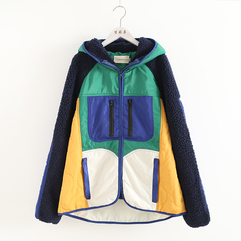 梦箱子2024冬新款复古撞色拼接防风棉衣连帽休闲羊羔毛棉服外套女