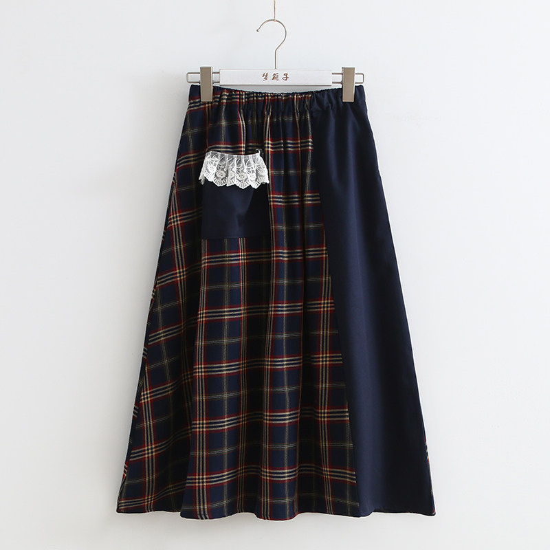 梦箱子2023夏新款复古格纹拼接半身裙女蕾丝花边口袋A字裙中长裙