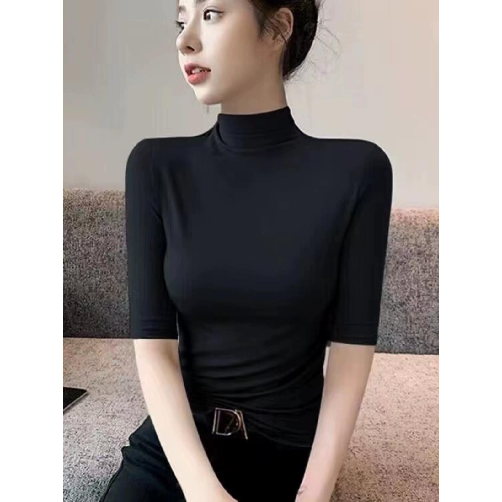 莫代尔中袖半高领打底衫女春秋季2024新款大码修身内搭五分袖上衣