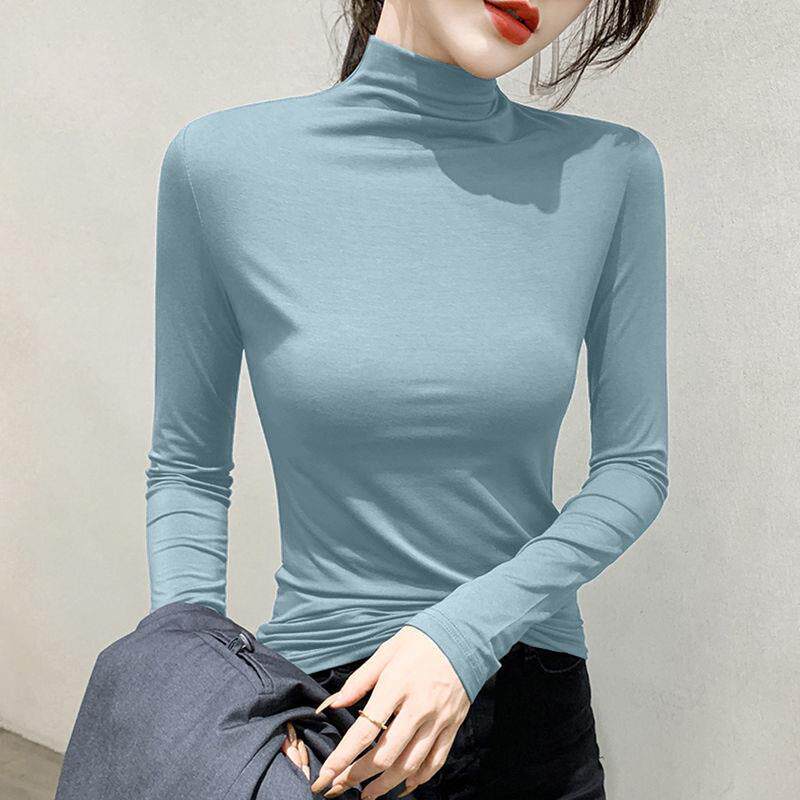 莫代尔半高领打底衫女2024春季新款修身内搭纯色长袖t恤女上衣服