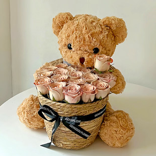 生日礼物女生可爱小熊玩偶花束公仔永生花抱抱桶七夕情人节礼品