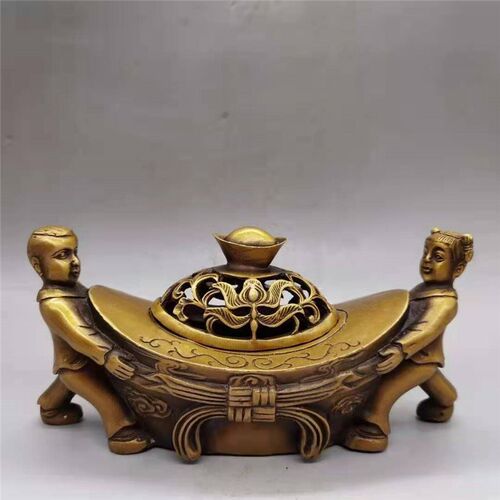 速发宝器黄铜元宝香炉摆设仿居摆件家古黄铜童子元铜炉工艺品