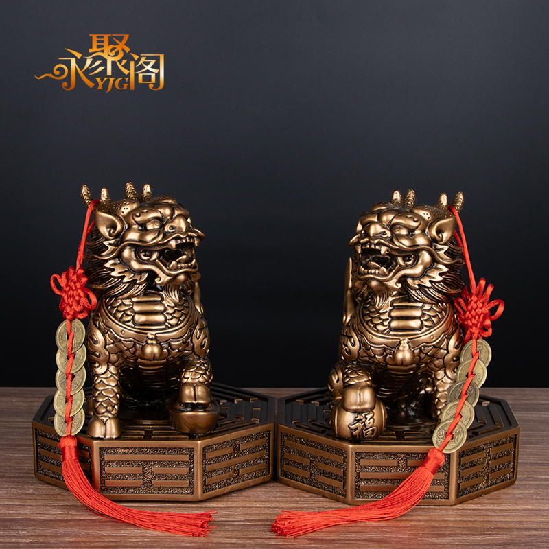 速发麒麟摆卦一对踩八件仿铜火麒麟公母仿客办公室家居铜厅摆件