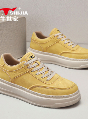 公牛世家男鞋板鞋冬季百搭软底休闲皮鞋男黄色复古软面低帮工作鞋