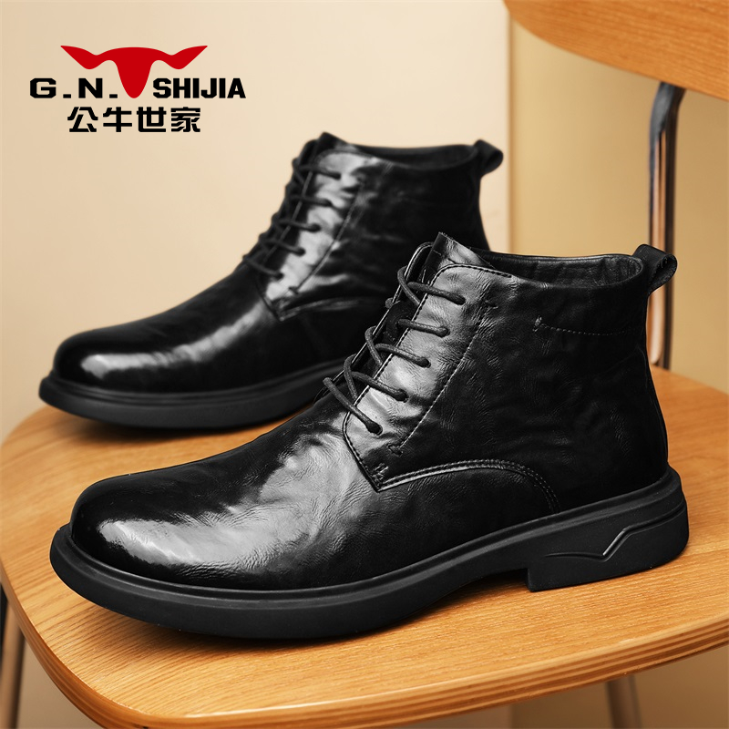 公牛世家高帮皮鞋男款英伦风