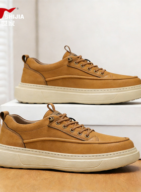 公牛世家男士真皮休闲板鞋2025新款冬季男款黄色系带软底低帮皮鞋