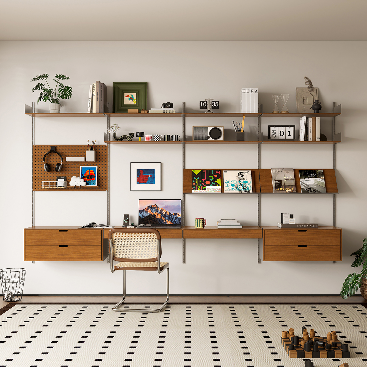 TOYA日式书架不锈钢木制展示柜书房卧室多层可调节墙面悬空置物架