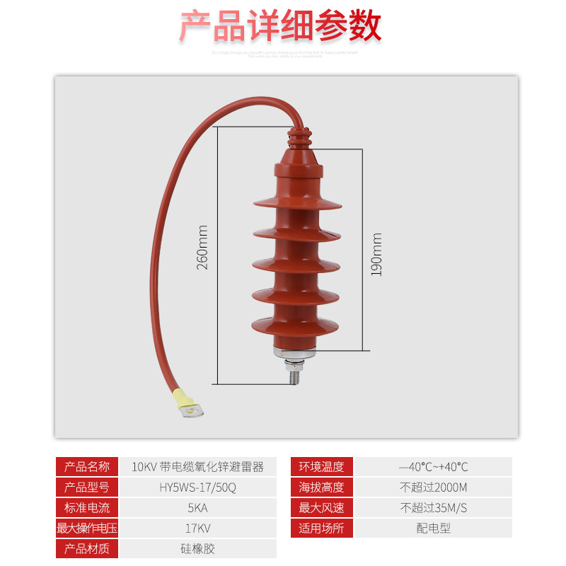 10KV带电缆型 压氧化锌避雷器  HY5WS-17/50Q 10KV压避雷器