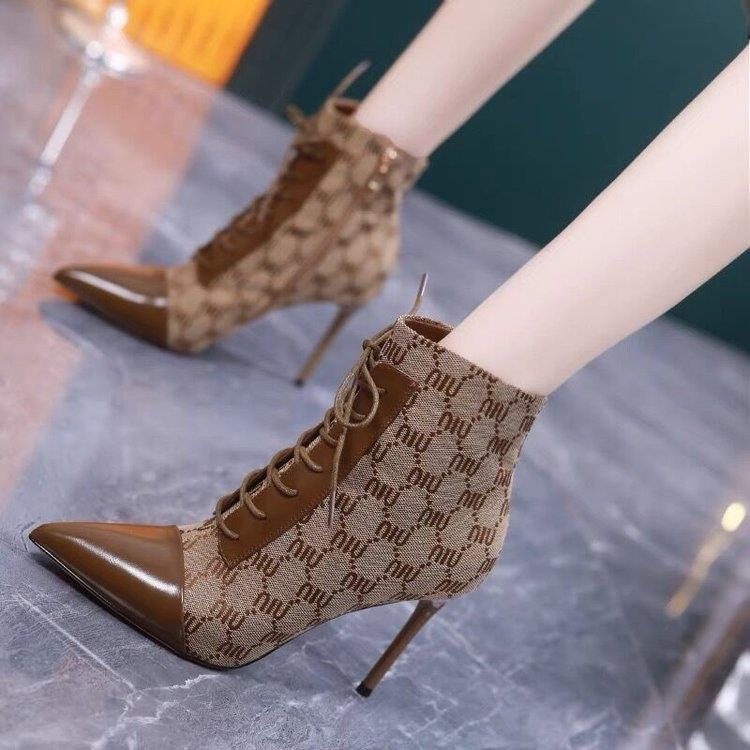 法式气质短靴女靴2025年秋冬新款粗跟裸靴尖头高跟瘦瘦靴马丁靴