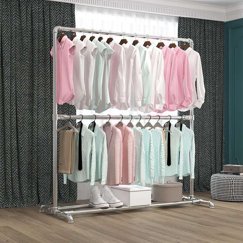 5YA1衣架落地式卧室结实家用双层新款凉衣晒被架挂衣服杆镀锌